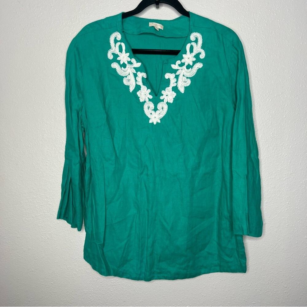 Talbots Teal White V Neck Embroidered Tunic 3/4 Sleeve Blouse Women's size L